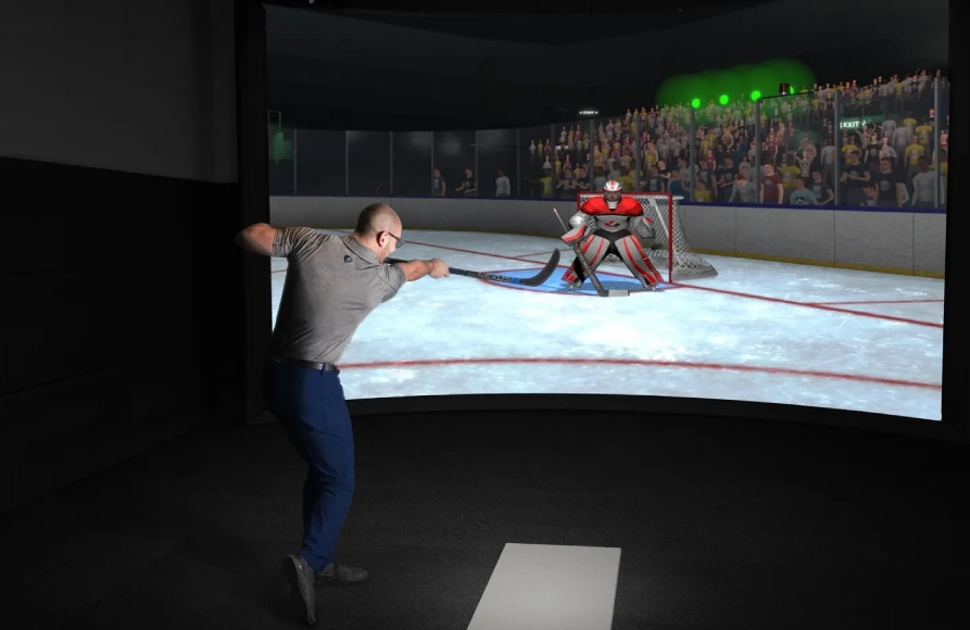 A man in a video game is playing a hockey game.